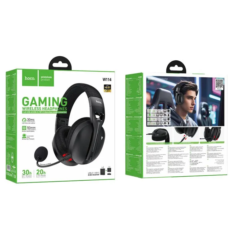 HOCO W114 Magic Wireless Gaming Headset – Bluetooth 5.4, 2.4G & 3.5mm Wired